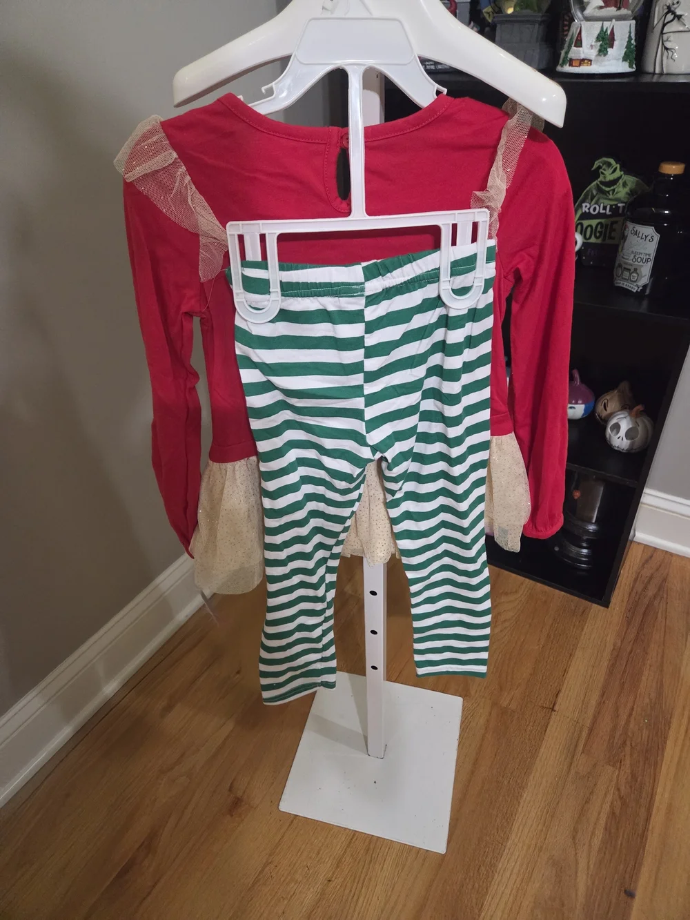 Nannette Red Unicorn Holiday Tunic with Gold Tulle & Green Stripe Leggings